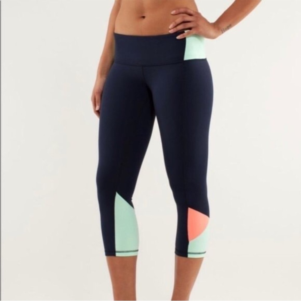 Lululemon Athletica Navy and Light Green Leggings with Coral Accents